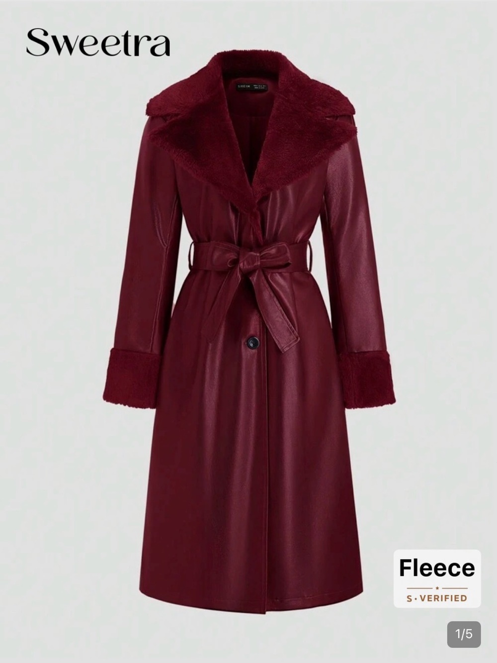 SHEIN Burgundy Faux Leather Trench Coat with Fleece Collar